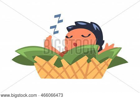 Mowgli Little Baby Sleeping In Basket As Feral Boy From Jungle Raised By Wolves Vector Illustration