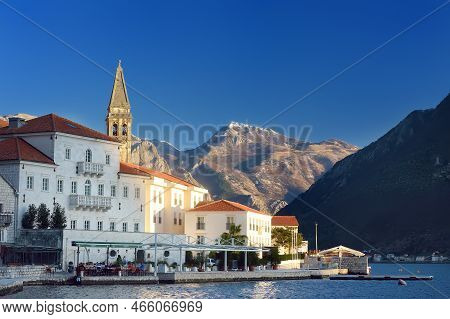 Perast, Montenegro - January 19, 2022: View Of Ancient City Of Perast, Montenegro. Old Medieval Litt