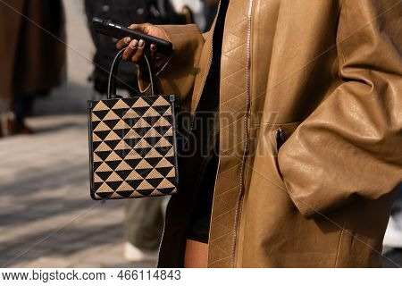 Milan, Italy - September, 23: Woman Influencer Wearing Micro Symbole Jacquard Tote Bag From Prada. F