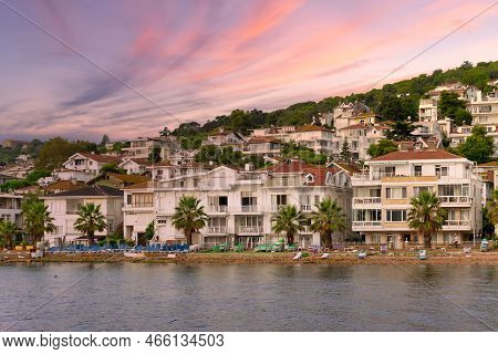 View Of The Mountains Of Kinaliada Island From Marmara Sea, With Traditional Summer Houses And Boats