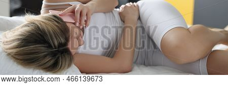 Portrait Of Young Woman Stay At Home, Belly Hurts, Suffering Menstrual Period Pain, Lying On Couch H