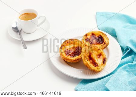 Traditional Portuguese Egg Tart Dessert Pasteis Pastel De Nata Or Pasteis De Belem With Coffee Over 