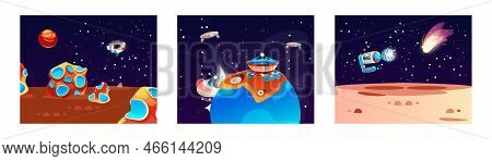 Space Planet Landscape Set, Cosmic Game Background With Spaceship, Alien Fantasy Asteroid Surface. F