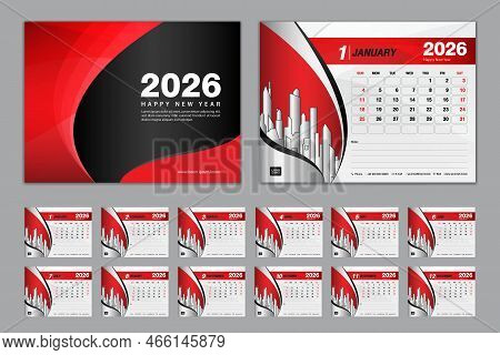 Calendar 2026 Template Set Vector, Week Starts Sunday, Set Of 12 Month, Desk Calendar 2026 Year, Wal