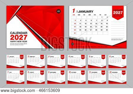 Calendar 2027 Template Set Vector, Week Starts Sunday, Set Of 12 Month, Desk Calendar 2027 Year, Wal