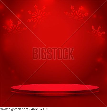 3d Podium With Red Snowflake Festival Season Background