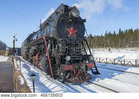Ruskeala, Russia - March 10, 2021: Old Soviet Mainline Steam Locomotive Series 