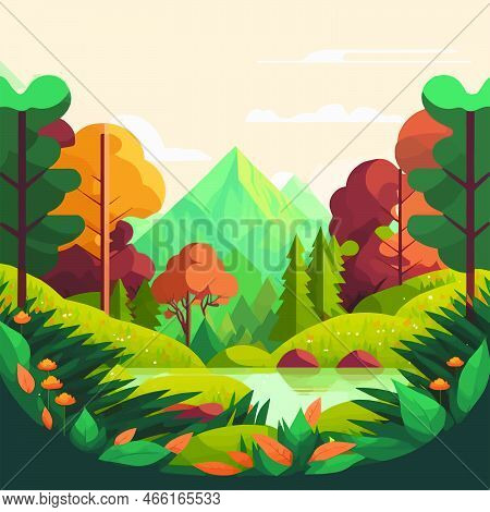 Nature Mountain Forest Jungle Landscape Background In Vector Flat Color