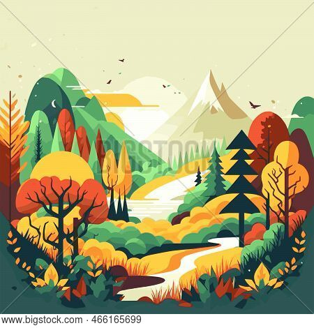 Nature Mountain Forest Jungle Landscape Background In Vector Flat Color