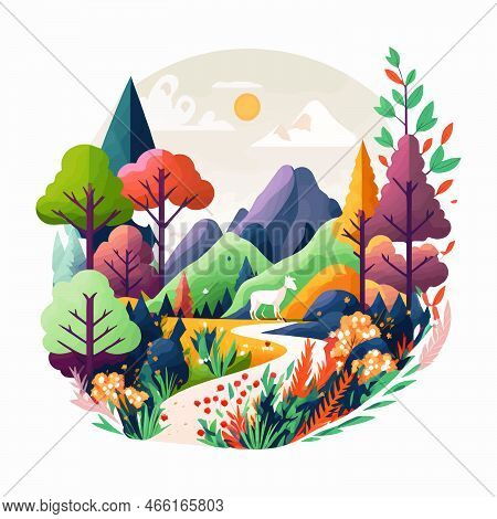Nature Mountain Forest Jungle Landscape Background In Vector Flat Color
