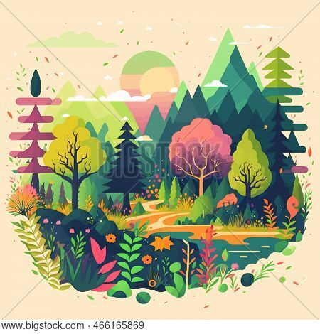 Nature Mountain Forest Jungle Landscape Background In Vector Flat Color