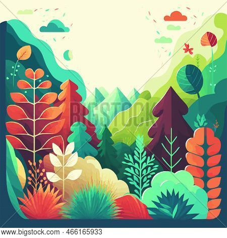 Nature Mountain Forest Jungle Landscape Background In Vector Flat Color Illustration