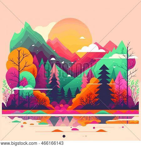 Nature Mountain Forest Jungle Landscape Background In Vector Flat Color