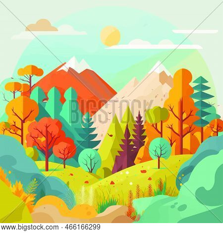 Nature Mountain Forest Jungle Landscape Background In Vector Flat Color