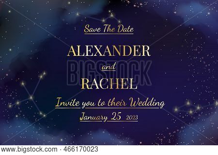 Night Sky Background. Wedding Invitation. Magic Gold Stars. Sparkle Glitter Galaxy. Dark Heaven. Gol