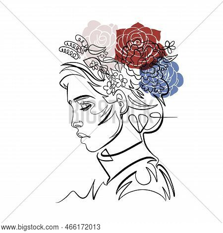 Woman With Flowers One Line Drawing. Continuous Line Drawing Of Beauitiful Female With A Wreath Of F