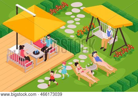 Isometric Garden Furniture Composition With Outdoor Backyard Scenery And People Of Different Age Hav