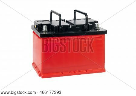 Red Car Battery On White Background. Isolate