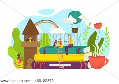 Father Read Book For Cartoon Child, Vector Illustration. Happy Family, Dad Man Character Tell Fairy 