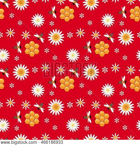 Summer Flat Cartoon Seamless Pattern With Honecomb, Honey Hive  And Bees. Creative  Kids Texture For