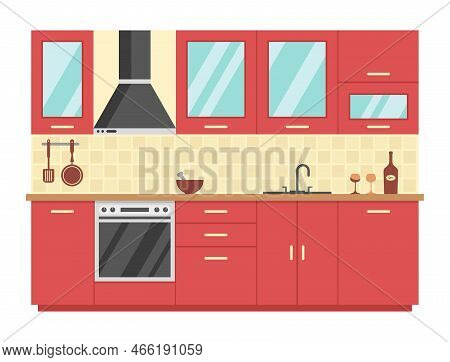 Vector Flat Illustration, Kitchen Interior, Furniture, Kitchen Equipment
