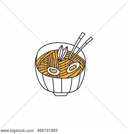 Doodle Ramen. Ramen Noodles Bowl. Noodles In A Bowl With Chopsticks. Asian Soup With Egg, Spaghetti 