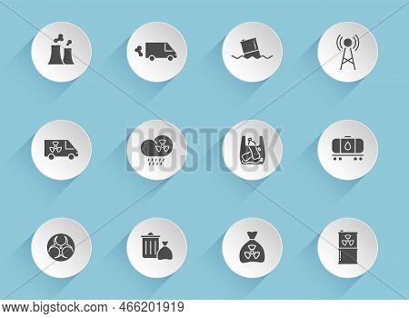 Pollution Vector Icons On Round Puffy Paper Circles With Transparent Shadows On Blue Background. Pol