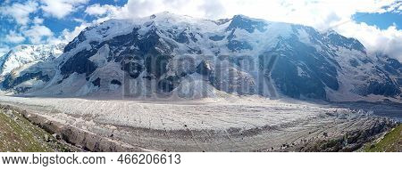 Panoramic View Of The Bezengi Wall. Bezengi Glacier And The Glacial Landscape. Main Caucasian Range.