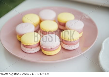 Baby Birthday. French Macaroons On A Cake Stand .candy Bar With Macaron, Cakes, Cheesecakes, Cake Po