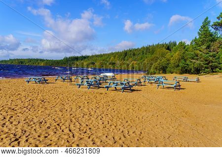 View Of The Sandy Loch Morlich Beach, Badenoch And Strathspey Area Of Highlands, Scotland, Uk
