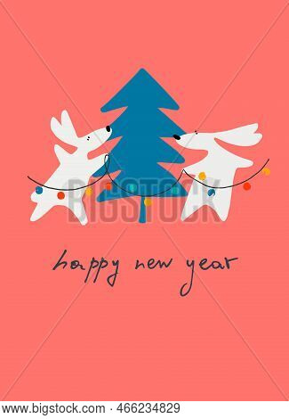 New Year Greeting Card With Water Rabbit, Zodiac Animal For 2023 And Hand-lettered Greeting Phrase