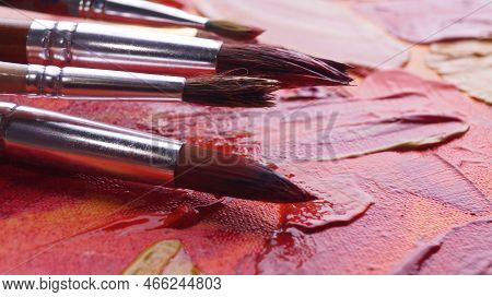 Many Brushes On Artist's Palette With Mixed Paints, Closeup