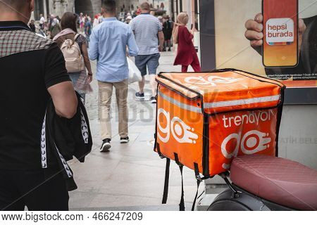 Istanbul, Turkey - May 22, 2022: Trendyol Go Logo On A Local Courrier Delivery Bike. Trendyol Go Is 