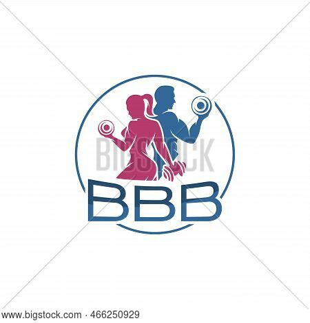Bbb Letter Fitness Gym Logo Design Template With Exercising Athletic Man And Woman. Vector Illustrat
