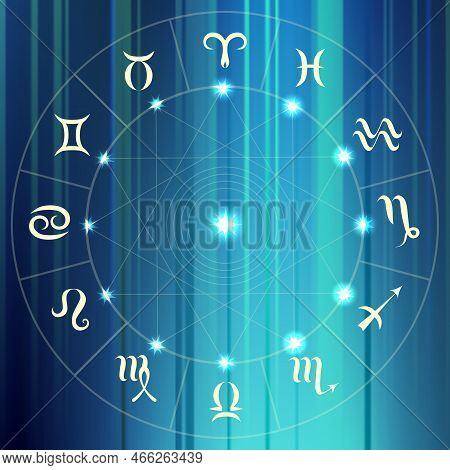 Magic Circle With Zodiacs Sign On Abstract Blur Background.