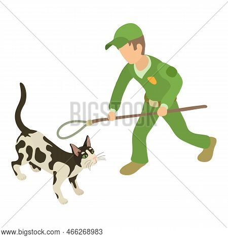 Cat Trapping Icon Isometric Vector. Man With Noose For Trapping Domestic Animal. Pet Catchment Servi