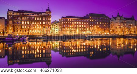 Helsinki, Finland. Very Peri Starry Sky. View Of Pohjoisranta Street In Evening Or Night Illuminatio