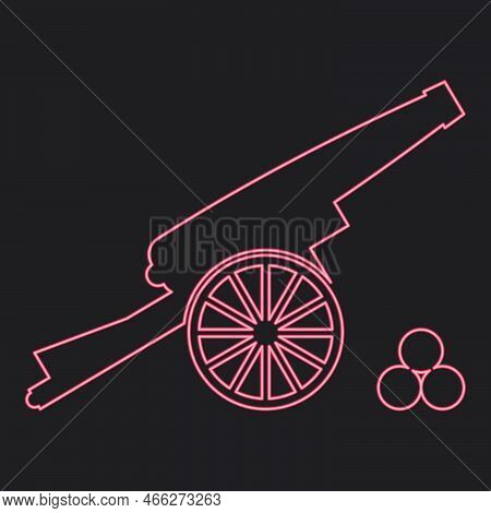 Neon Medieval Cannon Firing Cores Red Color Vector Illustration Image Flat Style Light