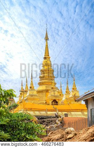 Landscape View Of Wat Koh Pha Doh Koh Pha Doh Temple With Maha Chedi, The Golden Pagoda On The Top O