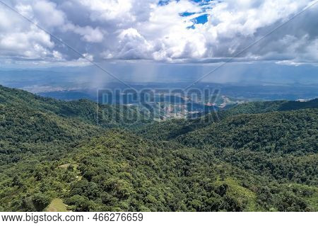 Beautiful Panoramic Scenery Of Northern Forest, Mountain, And Clear Sky With White Clouds In The Are