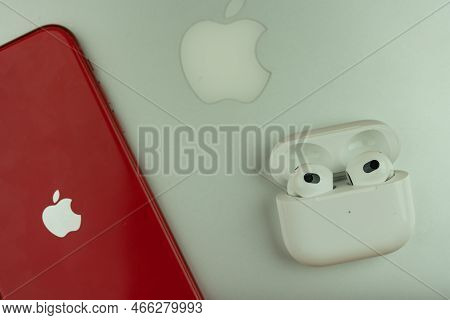 Bangkok, Thailand - November 28, 2022 : New Apple Airpods 3 And Charging Case Next To Iphone 11 Prod
