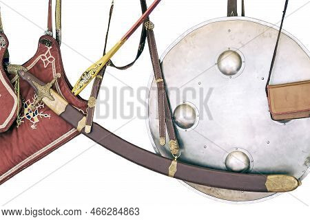 Vintage Bow, Arrows In A Quiver And A Retro Sword In A Scabbard, Isolated On A White Background. Anc