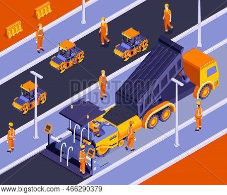 Isometric Road Construction Composition With Outdoor Scenery And Road Machinery With Characters Of B