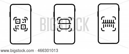 Qr Code Scanning Process. Code And On The Screen. Isolated Vector Line Icons On White Background. Ep