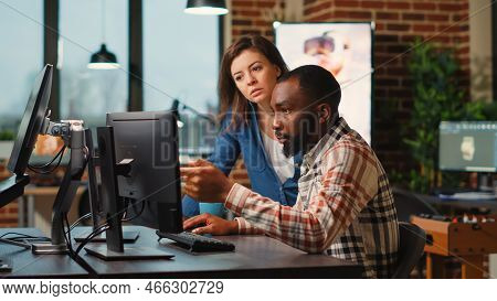 Team Of Professional Developers Working On Software Development With Manufacturing Interface, Infogr