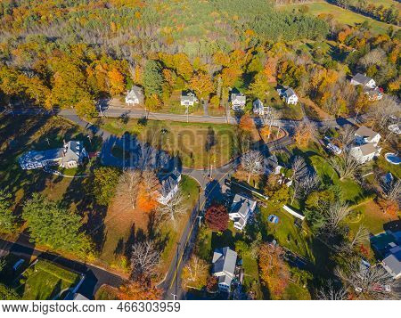 Eliot Historic Town Center Aerial View In Fall On Eliot Common, Town Of Eliot, Maine Me, Usa.