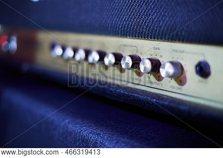 Guitar Amplifier, Level Knobs Closeup Shot. Electric Guitar Amp Closeup Photo For Rock Music.