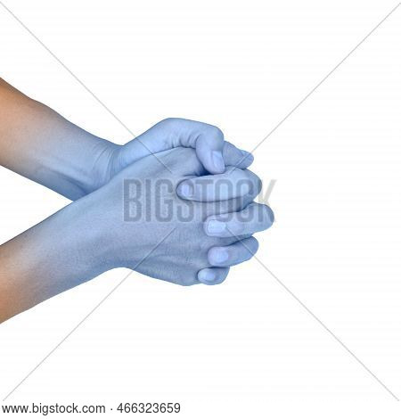 Clasped Hands Together With Light Blue Color Of Asian Young Man. Concept Of Cold And Clumsy Hand.