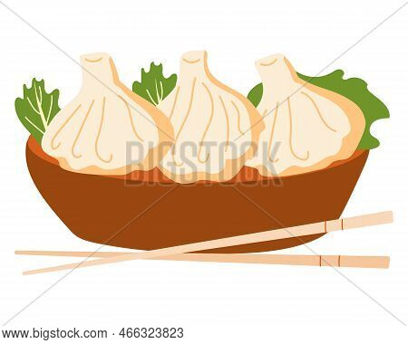 Wontons Chinese Dumplings On A White Background. Asian Food. Vector Illustration For Restaurants, Me
