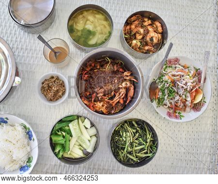 Myanmar Traditional Seafood Curry Recipes In Chaugtha Beach. Menu Such As Crab Masala, Squid Salad, 